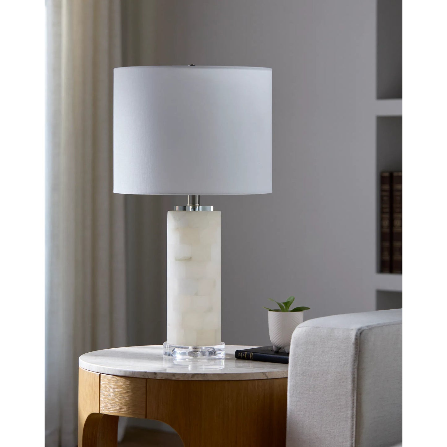 002 SI-2245208 | Lifestyle | Falaise 626534 Accent Table Lamp by Surya in cream, translucent, metallic nickel, clear, white and polishedburnishedplated. Made from stone, acrylic, linen, iron in a transitional style.