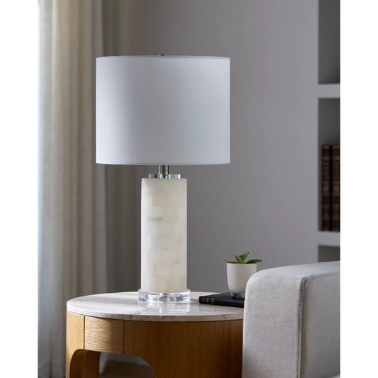 Falaise 626534 Accent Table Lamp by Surya in cream, translucent, metallic nickel, clear, white and polishedburnishedplated. Made from stone, acrylic, linen, iron in a transitional style.
