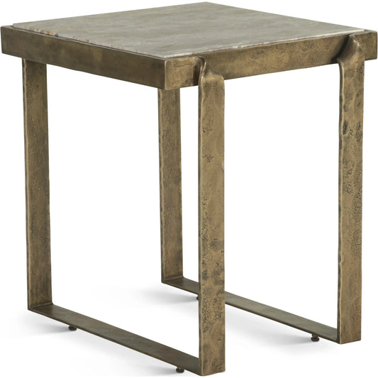 Rhodes 20" Side Table by World Interiors in multi and antique brass. Made from brass marble in a modern style.