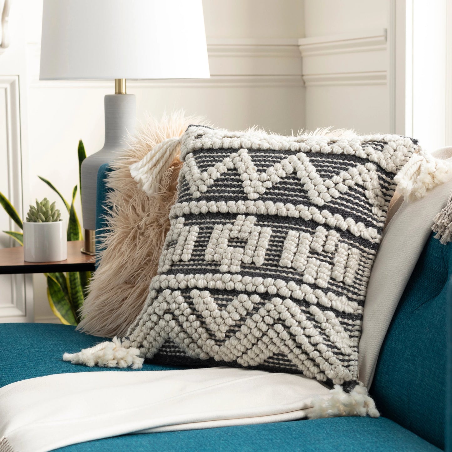 002 S-347978,S-347979,S-347980,S-347981 | Lifestyle | Faroe Pillow - 10973 by Surya in black, ivory. Made from 60% recycled pet yarn, 40% cotton, 100% cotton in a eclectic & global style.
