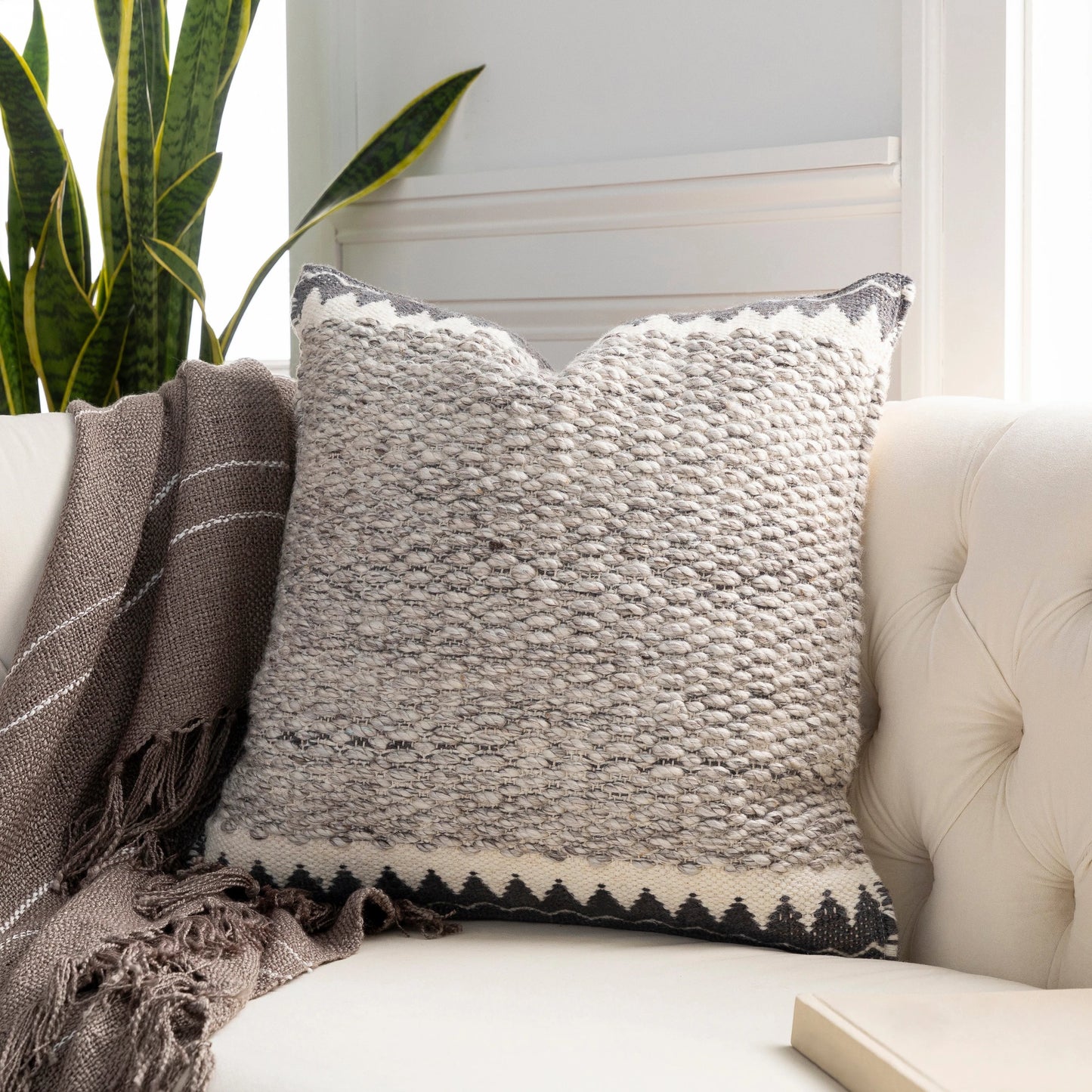 008 S-347986,S-347987,S-347988,S-347989,SI-1850806,SI-1850807 | Lifestyle | Faroe Pillow - 32356 by Livabliss in cream, ivory, dark brown, charcoal. Made from 70% wool, 30% cotton, 100% cotton in a eclectic & global style.