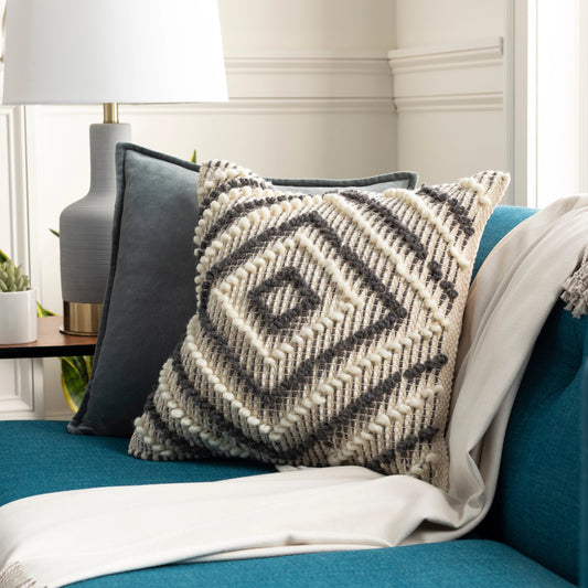 Faroe Pillow - 12311 by Surya in cream, khaki, charcoal. Made from 70% wool, 30% cotton, 100% cotton in a rustic style.