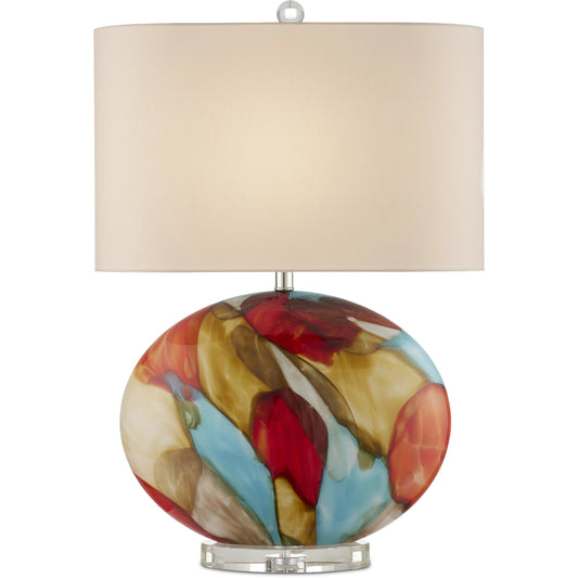 Vivid Table Lamp by Currey and Company in red, blue, yellow, off-white, clear, polished nickel. Made from glass, optic crystal in a modern style.