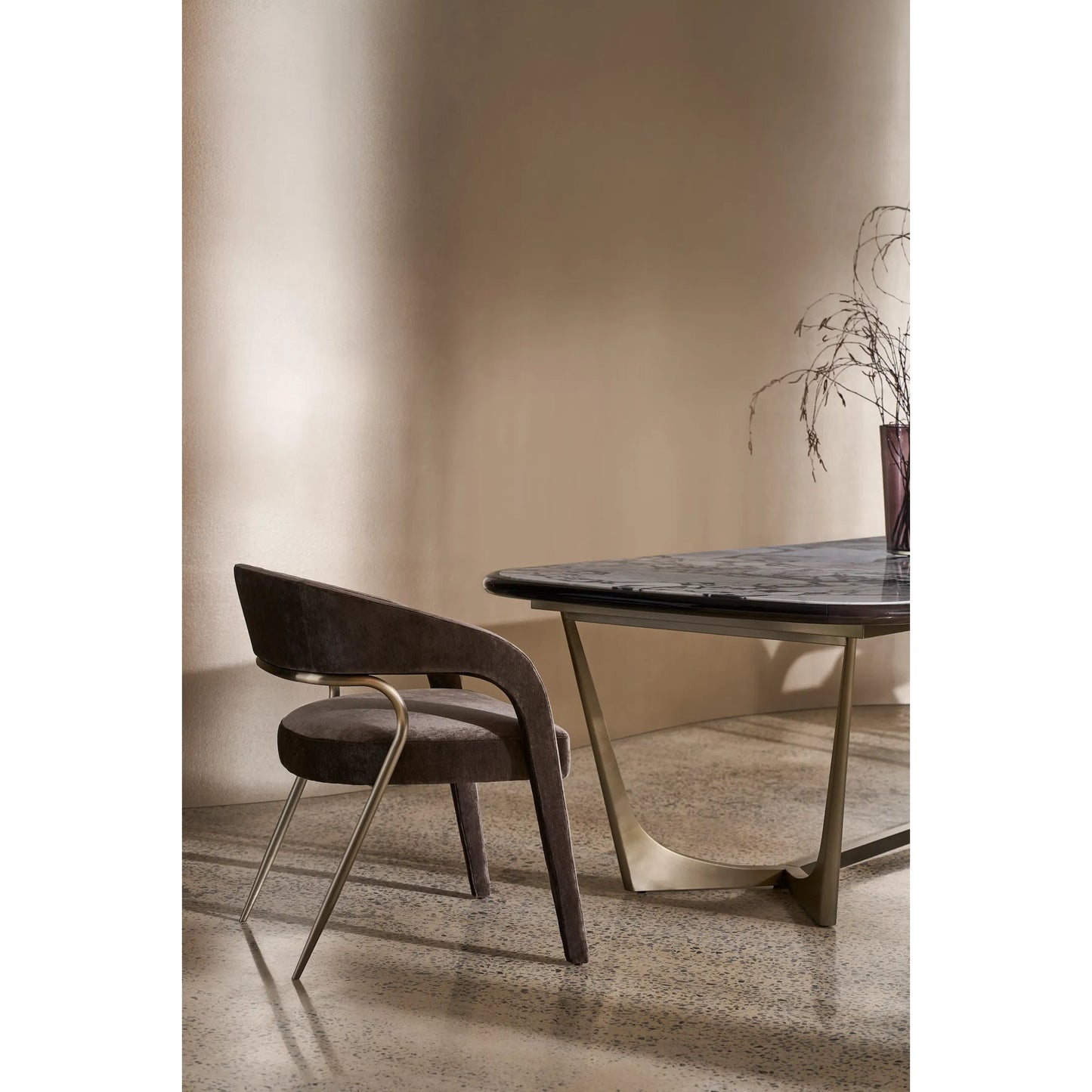 003 SI-2370841 | Lifestyle | Vena Dining Table by Caracole in otter gloss, brushed gold. Made from unique in a modern style.