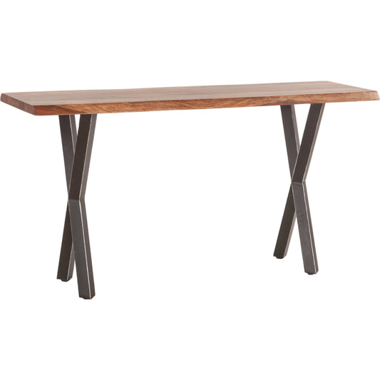 Elliston 58" Console Table by World Interiors in brown, black and natural sheesham. Made from reclaimed iron sheesham wood in a transitional style.