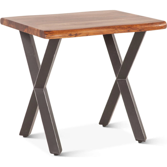 Elliston 26" Side Table by World Interiors in brown, black and natural sheesham. Made from reclaimed iron sheesham wood in a transitional style.