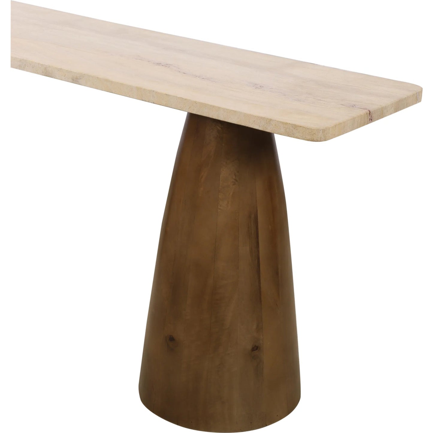 005 SI-2242890 | Closeup | Harbor 72" Console Table by World Interiors in white, brown and walnut. Made from travertine stone mango wood in a transitional style.