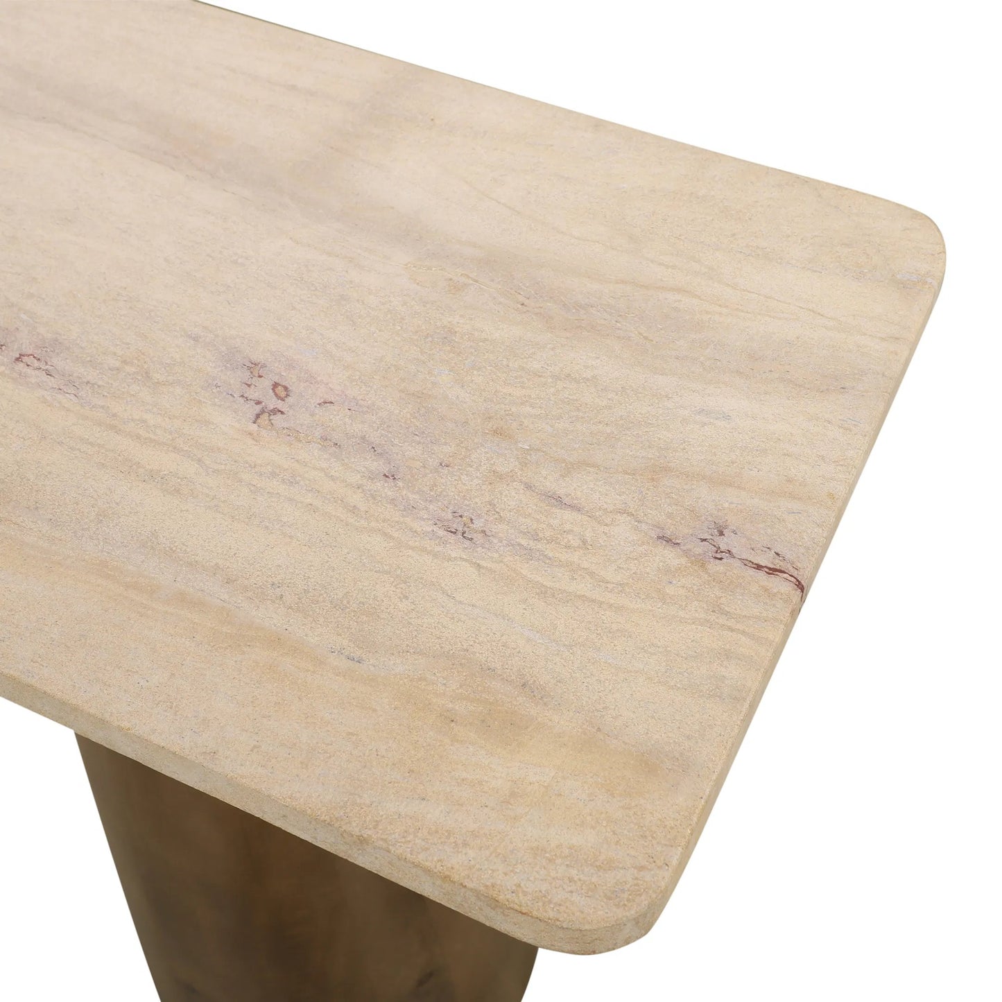 004 SI-2242890 | Closeup | Harbor 72" Console Table by World Interiors in white, brown and walnut. Made from travertine stone mango wood in a transitional style.