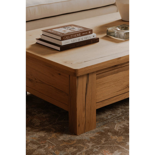 Graham Storage Coffee Table by Moe's Home Collection in natural. Made from thick rustic oak veneer over mdf, solid oak, wood slider in a transitional style.