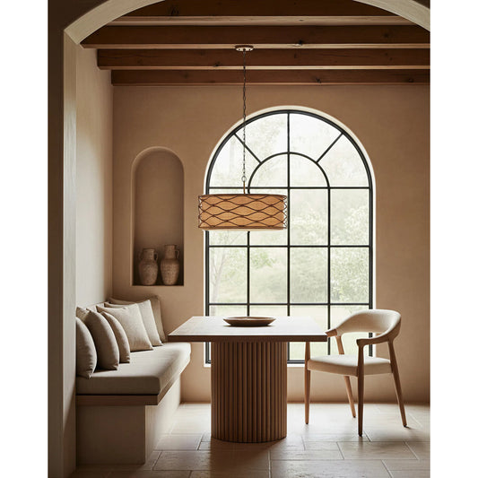 Partita Pendant by Currey and Company in saddle tan, natural. Made from wrought iron, rattan in a modern style.