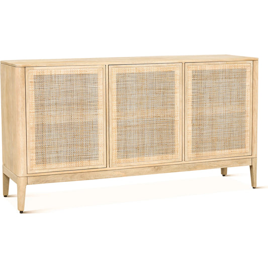 Calabasas 64" Sideboard by World Interiors in white, beige and white wash. Made from mango wood, cane in a transitional style.