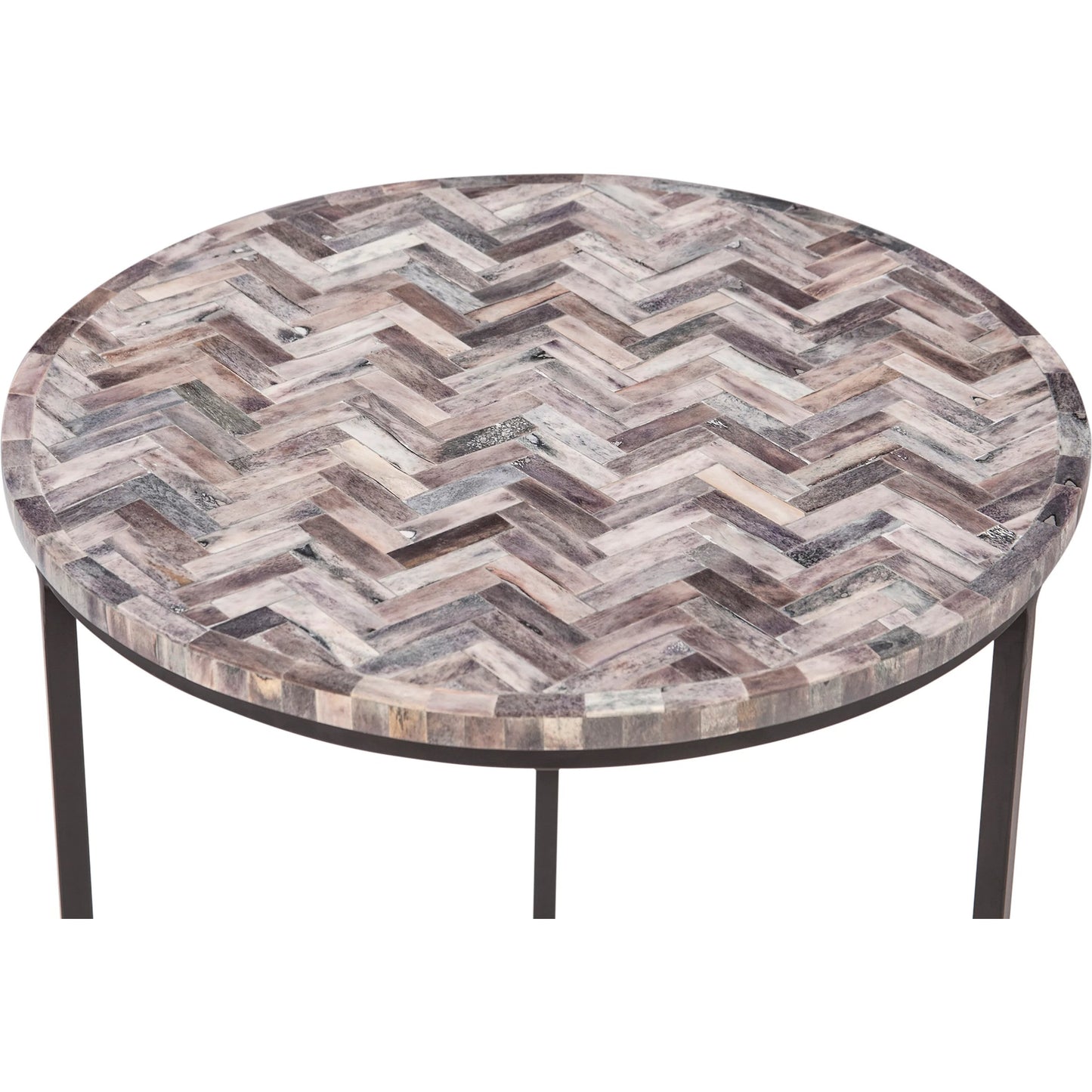 006 SI-2445273 | Closeup | Mumbai Nesting Tables by World Interiors in chevron pattern and powder coated black. Made from bone inlay mdf reclaimed iron resin in a modern style.