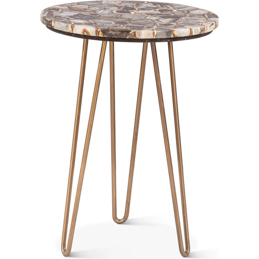 Mumbai Stone and Iron Side Table by World Interiors in multi-color and antique gold. Made from agate stone reclaimed iron in a modern style.