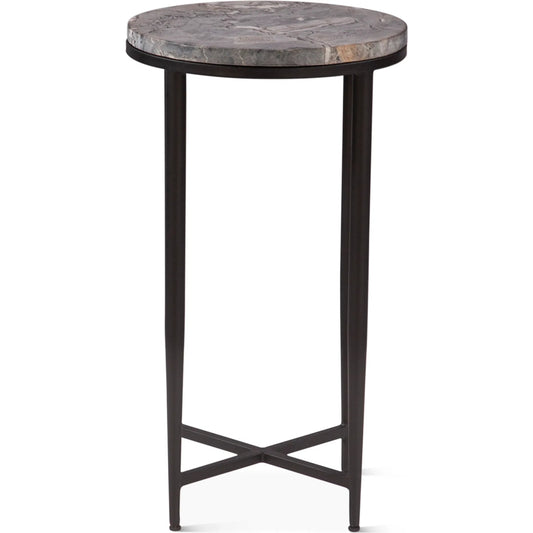 Mumbai Grey Septarian Side Table by World Interiors in multi-color and grey septarian. Made from grey septarian stone reclaimed iron in a modern style.