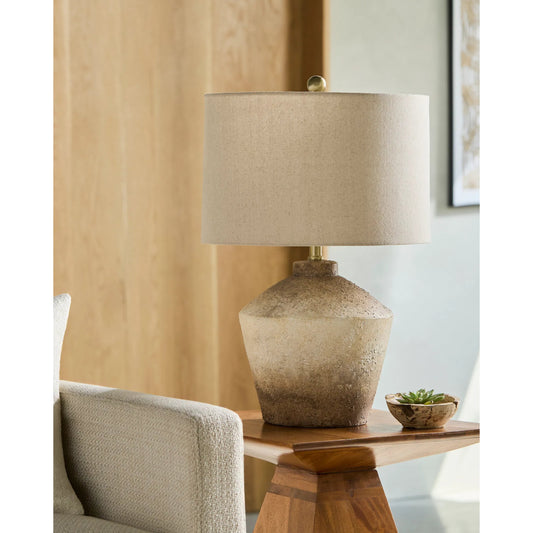 Focene Accent Table Lamp 556613 by Livabliss in body: terracotta; shade (outside): wheat; shade (inside): white; finial: metallic - brass; harp: metallic - gold; cord: translucent and paintedplated. Made from ceramic, linen, ir
