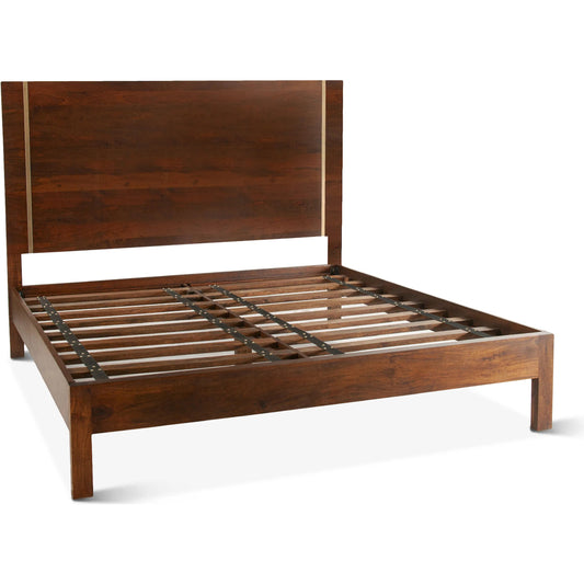 Manhattan Retro Acacia Platform Bed by World Interiors in brown, gold and honey brown. Made from mango wood metal in a traditional style.