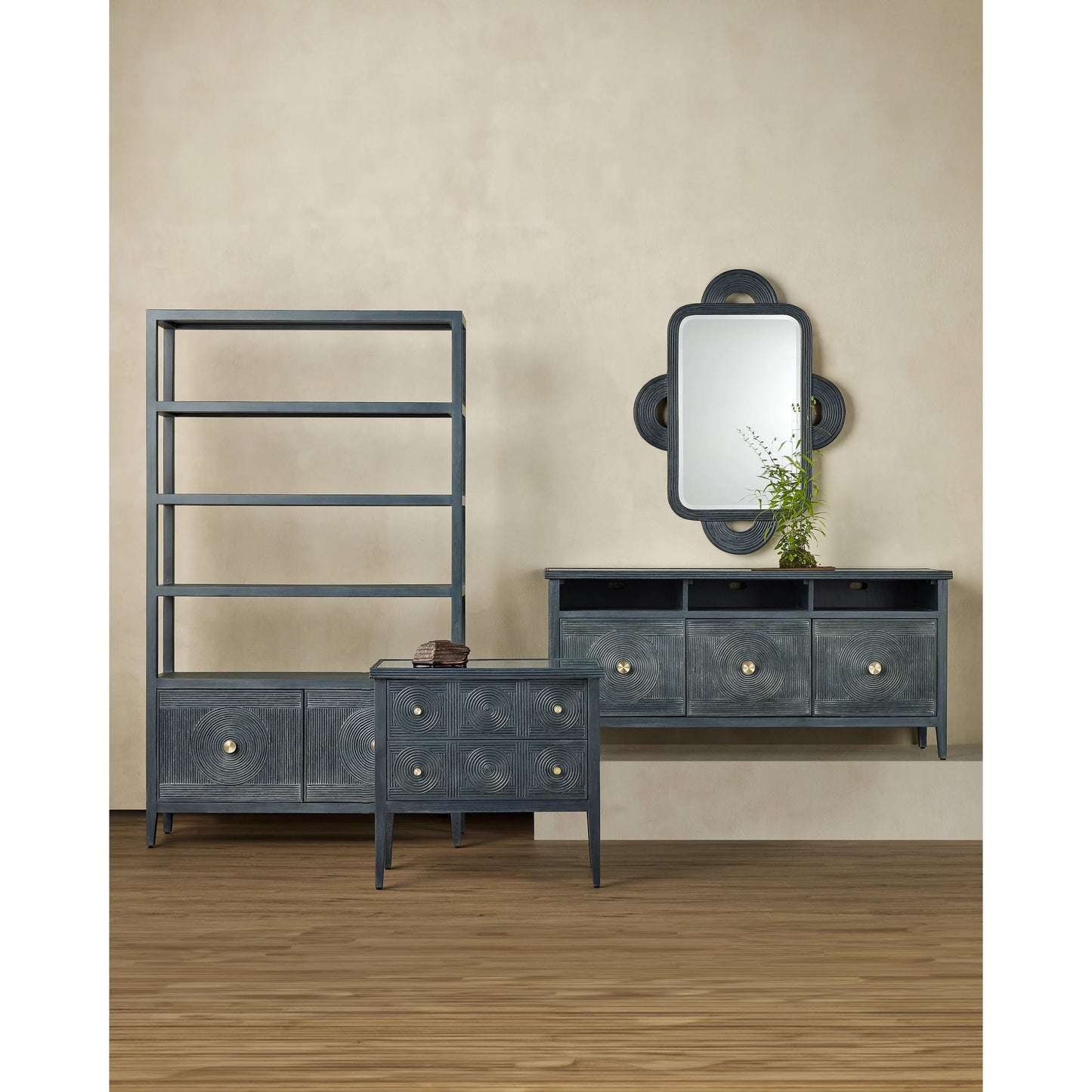 013 SI-2134072 | Lifestyle | Santos Storage Etagere by Currey and Company in vintage navy, brushed brass. Made from rattan, mahogany, grasscloth, brass in a transitional style.