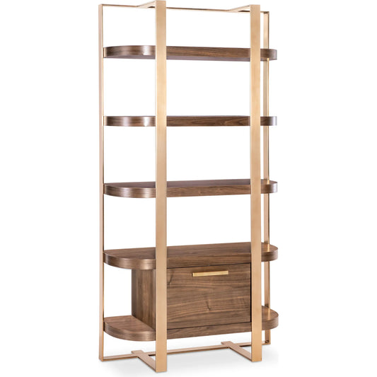 Eleana Etagere by Hooker Furniture in light caramel, sunlit bronze metal. Made from walnut veneers in a modern style.