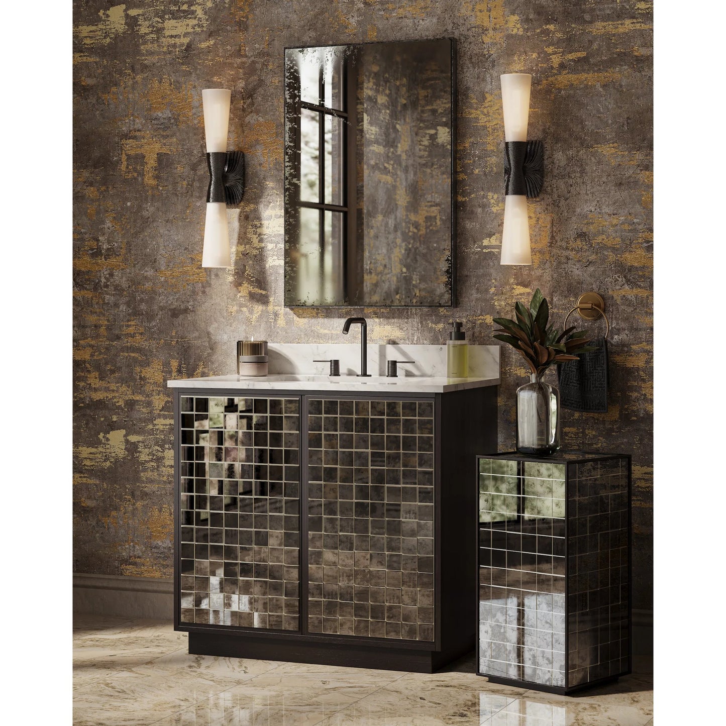 007 SI-2387100 | Lifestyle | Mosaico 36" Vanity with Undermount Sink by Currey and Company in ebony, natural, white, antique mirror. Made from mango wood, carrara marble, vitreous china, glass in a unique style.