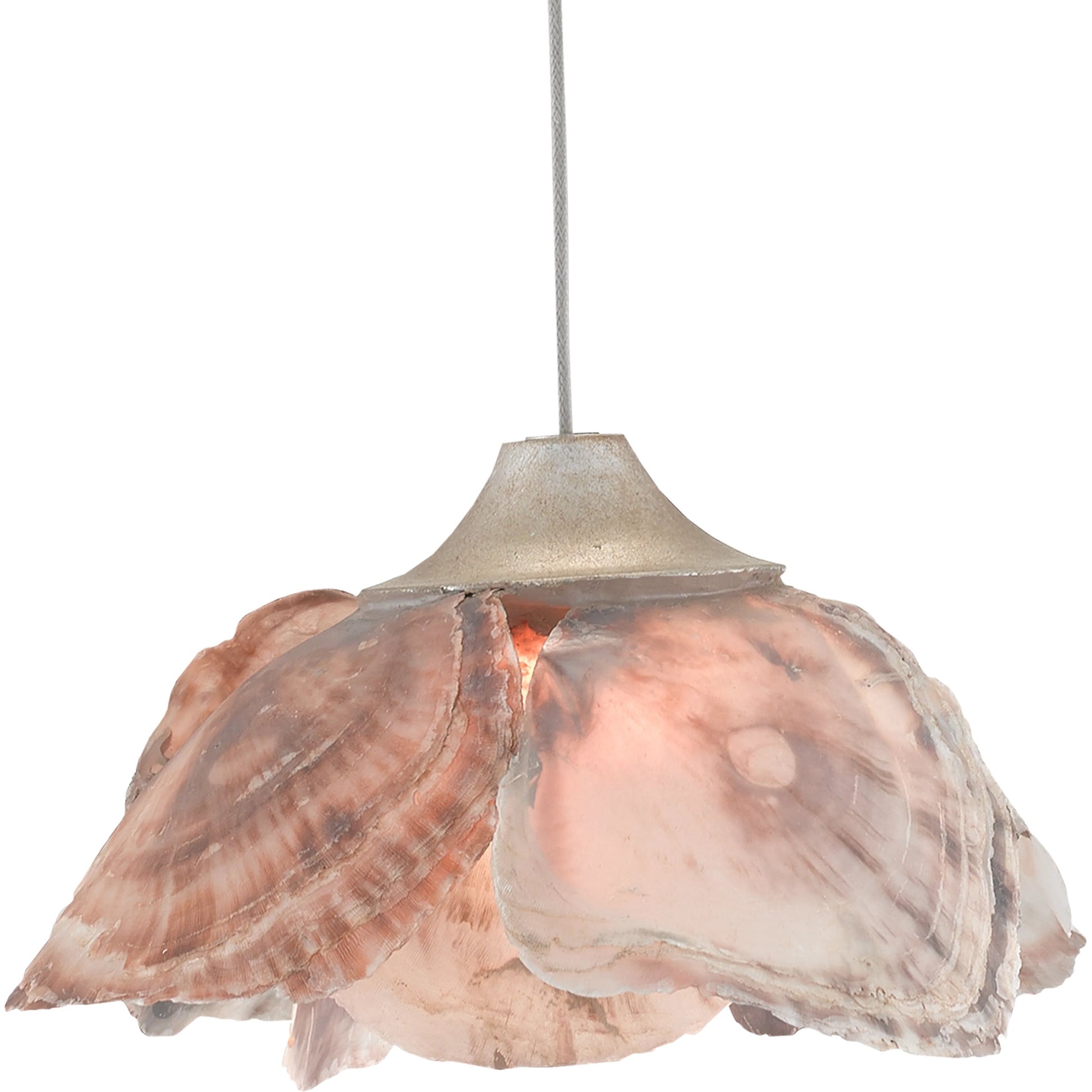 Catrice Pendant by Currey and Company in painted silver, contemporary silver leaf, natural shell. Made from capiz shell, wrought iron in a coastal style.