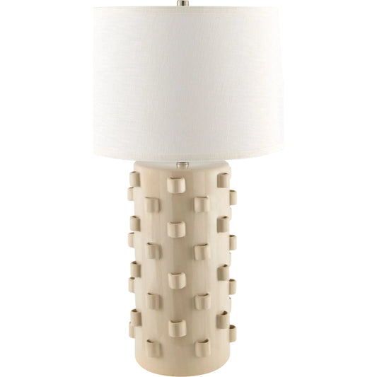 Fedje Table Lamp by Surya in white, cream, translucent, metallic nickel. Made from ceramic, linen, plastic, iron in a transitional style.
