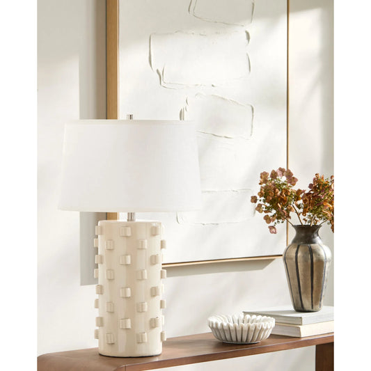 Fedje Table Lamp by Surya in white, cream, translucent, metallic nickel. Made from ceramic, linen, plastic, iron in a transitional style.