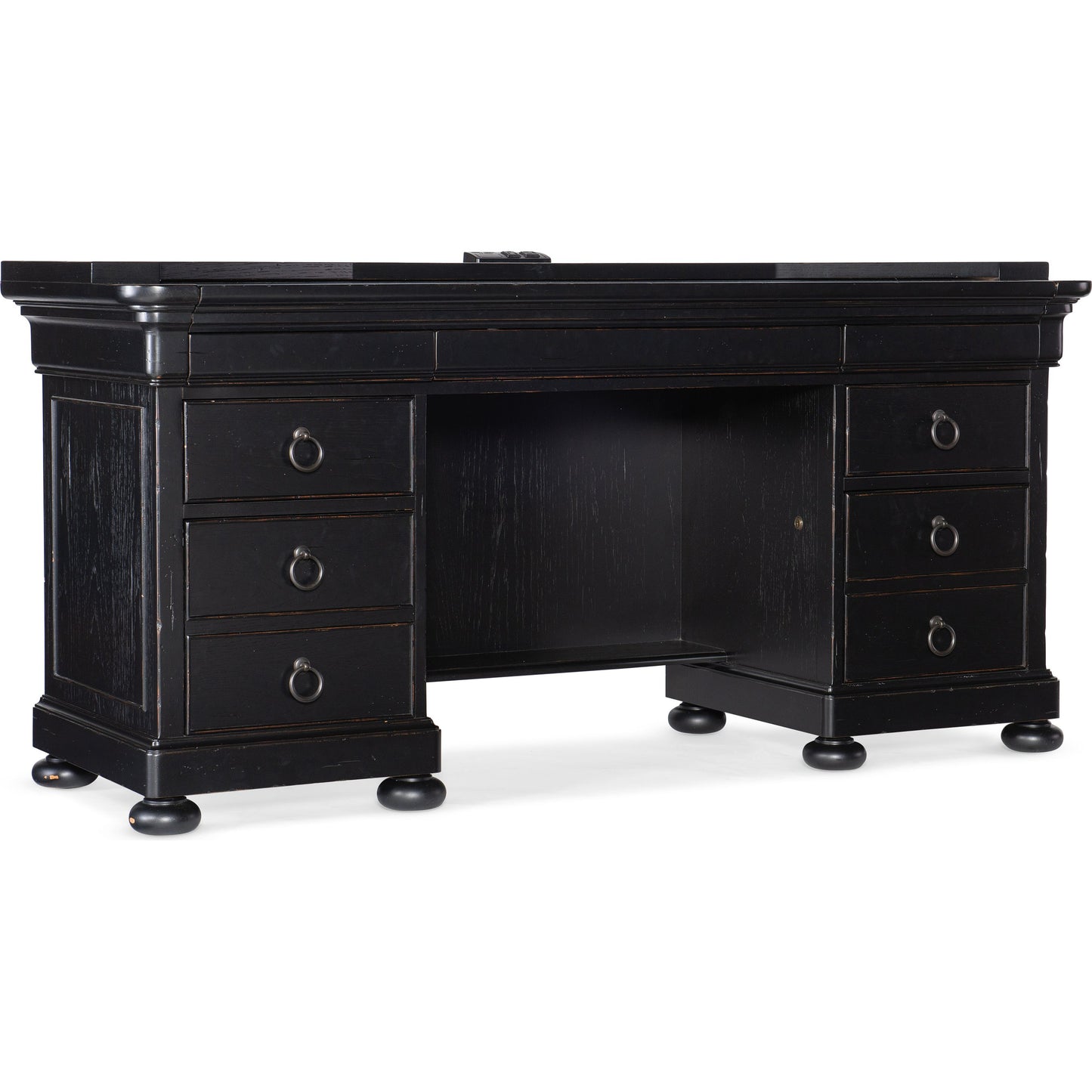 001 SI-1748465 | Additional Silo | Bristowe Computer Credenza by Hooker Furniture in tuxedo black. Made from pecan veneers in a unique style.