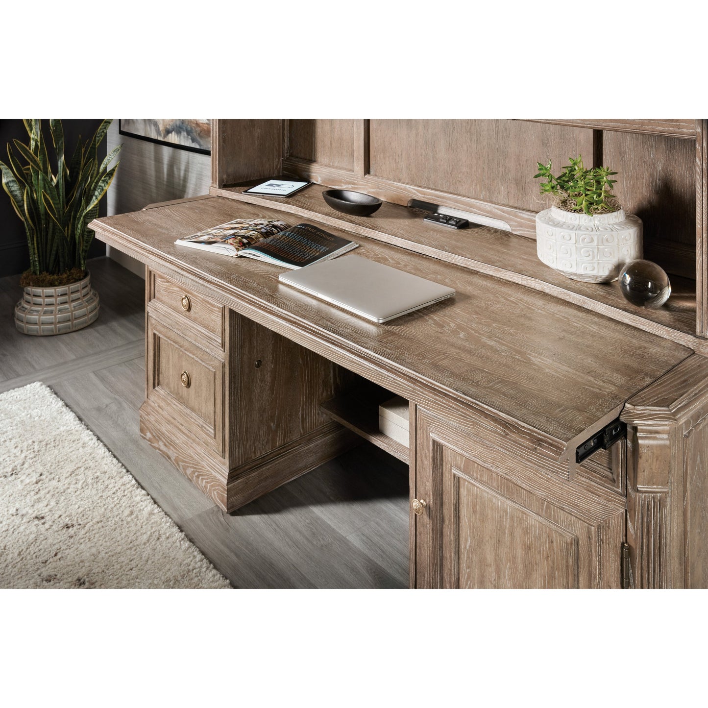 006 SI-1749874 | Additional Silo | Sutter Computer Credenza by Hooker Furniture in claro. Made from cathedral oak veneers in a traditional style.