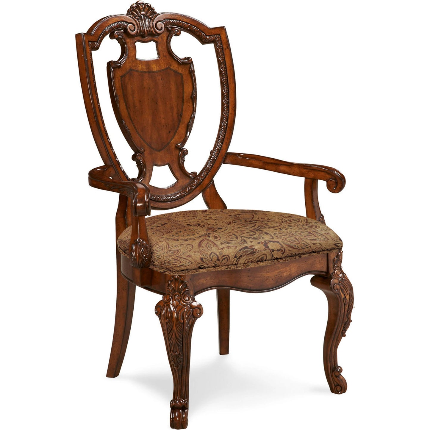 001 SI-2065097 | Additional Silo | Old World Shield Back Arm Chair (Set of 2) by A.R.T. Furniture in brown and medium cherry. Made from parawood solids, cherry and avodire veneers, foam, fabric in a traditional style.