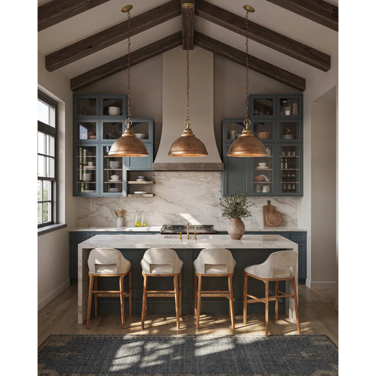 Admiral Pendant by Currey and Company in copper, antique brass. Made from aluminum in a rustic style.