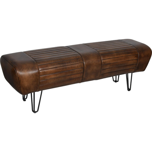 Brisbane Bench by World Interiors in brown and hand washed. Made from leather, iron in a traditional style.