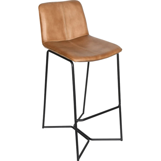 Brisbane Bar Chair by World Interiors in kh22 and black powder coat on metal and hand washed. Made from leather, iron in a traditional style.