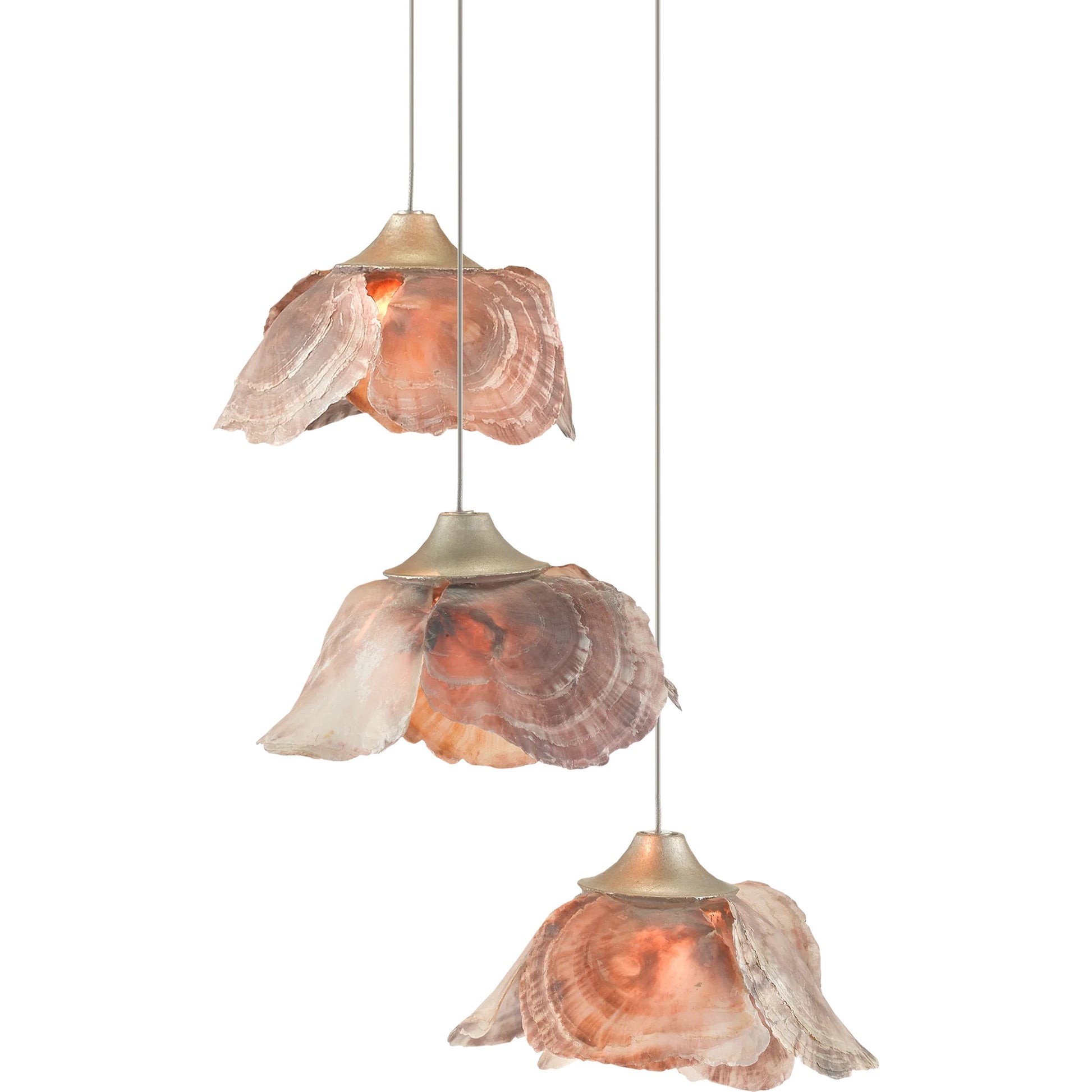 Catrice Pendant by Currey and Company in painted silver, contemporary silver leaf, natural shell. Made from capiz shell, wrought iron in a coastal style.