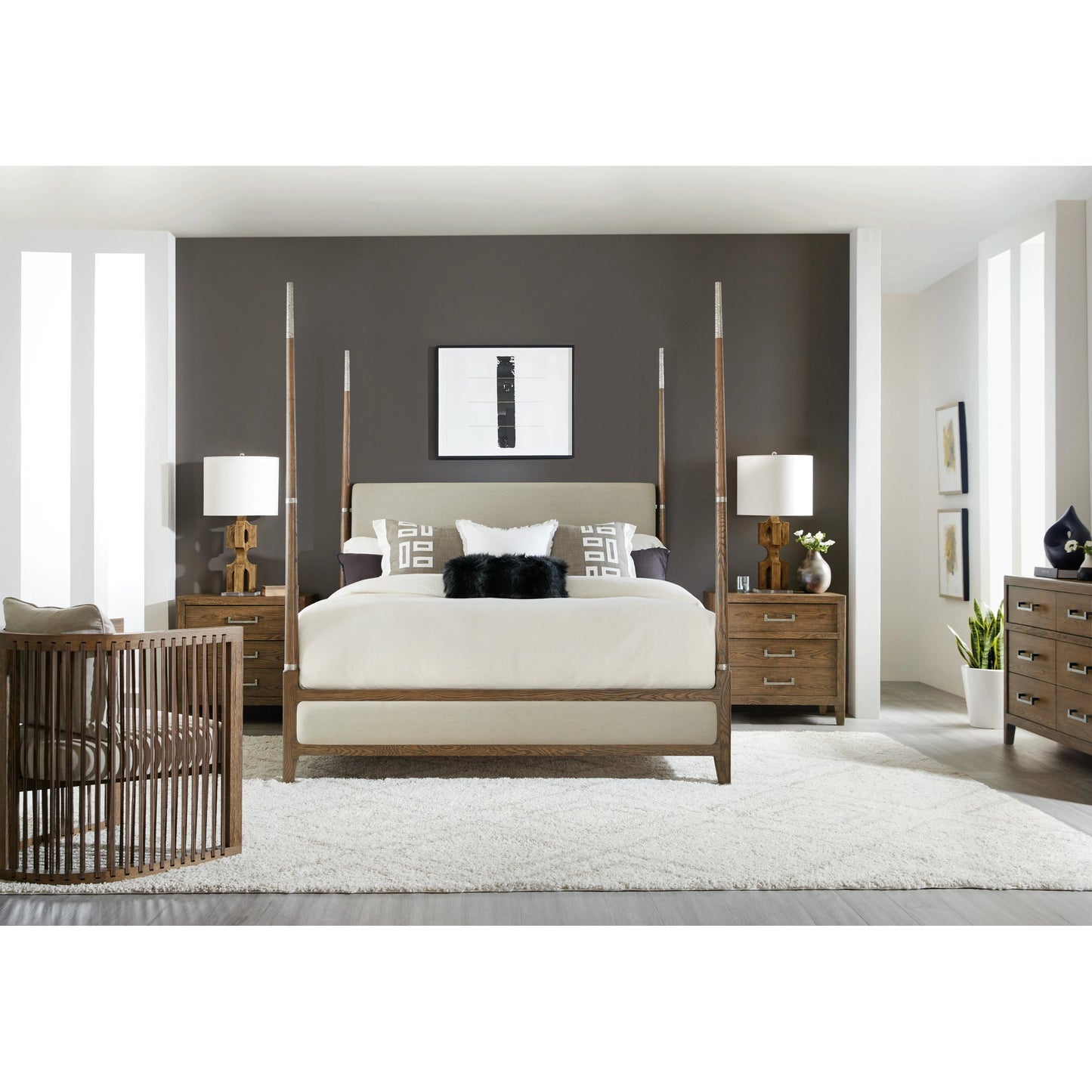 001 SI-1959552,SI-1959553,SI-1959554 | Lifestyle | Chapman Four Poster Bed by Hooker Furniture in samantha taupe and sorrel. Made from white oak veneers with metal, fabric in a modern style.