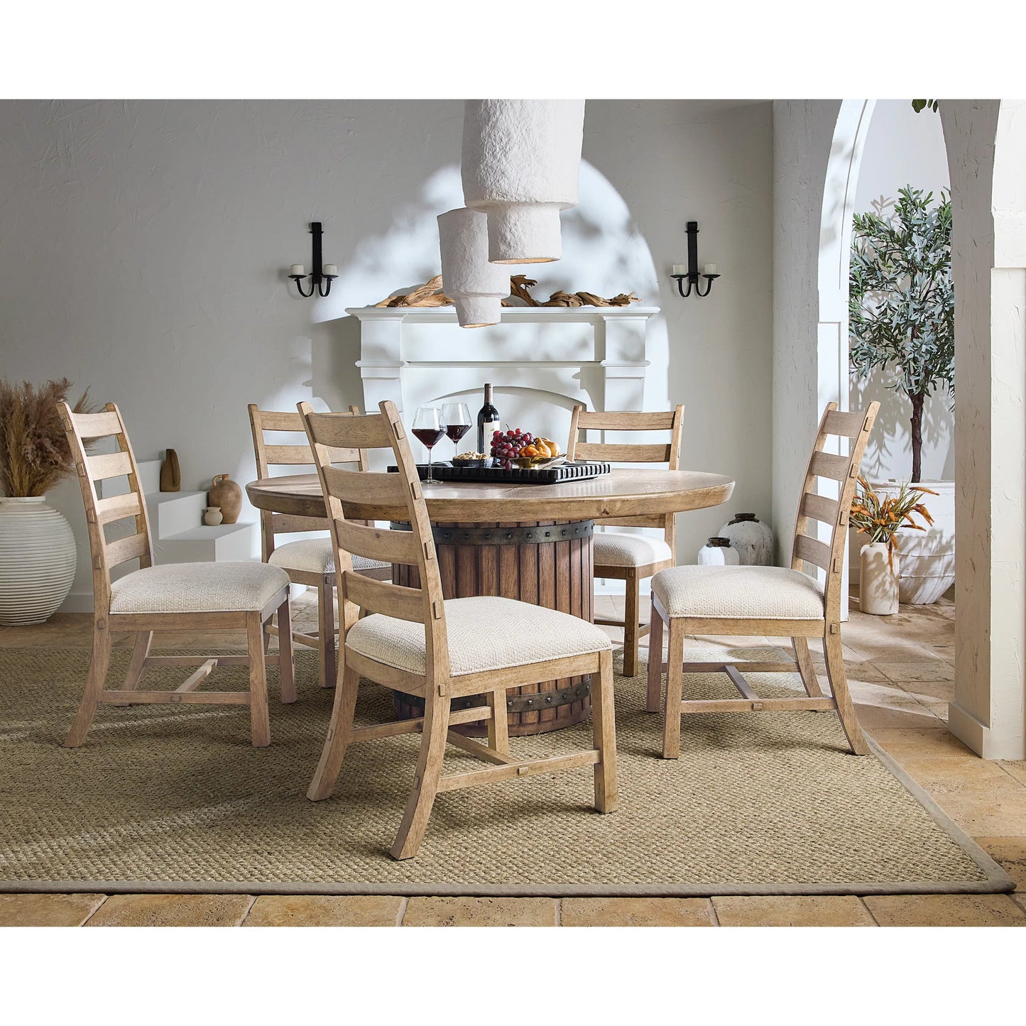 007 SI-2250718 | Lifestyle | Vineyard Row Ladderback Side Chair by Hooker Furniture in beige and sonoma. Made from 57% polyester, 43% cationic poly in a transitional style.