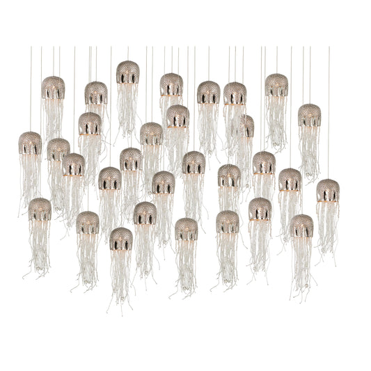 Medusa 30-LIGHT Multi-Drop Pendant by Currey and Company in nickel, silver. Made from nickel, steel, glass in a modern style.