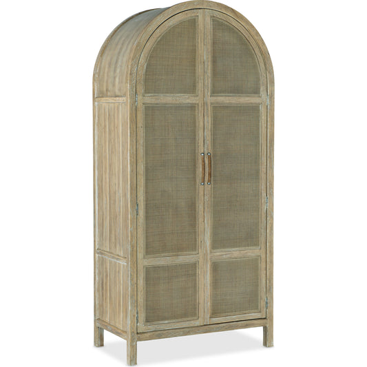 Surfrider Wardrobe by Hooker Furniture in driftwood. Made from pecan veneers, rattan, self-closing undermount drawer guides in a coastal style.