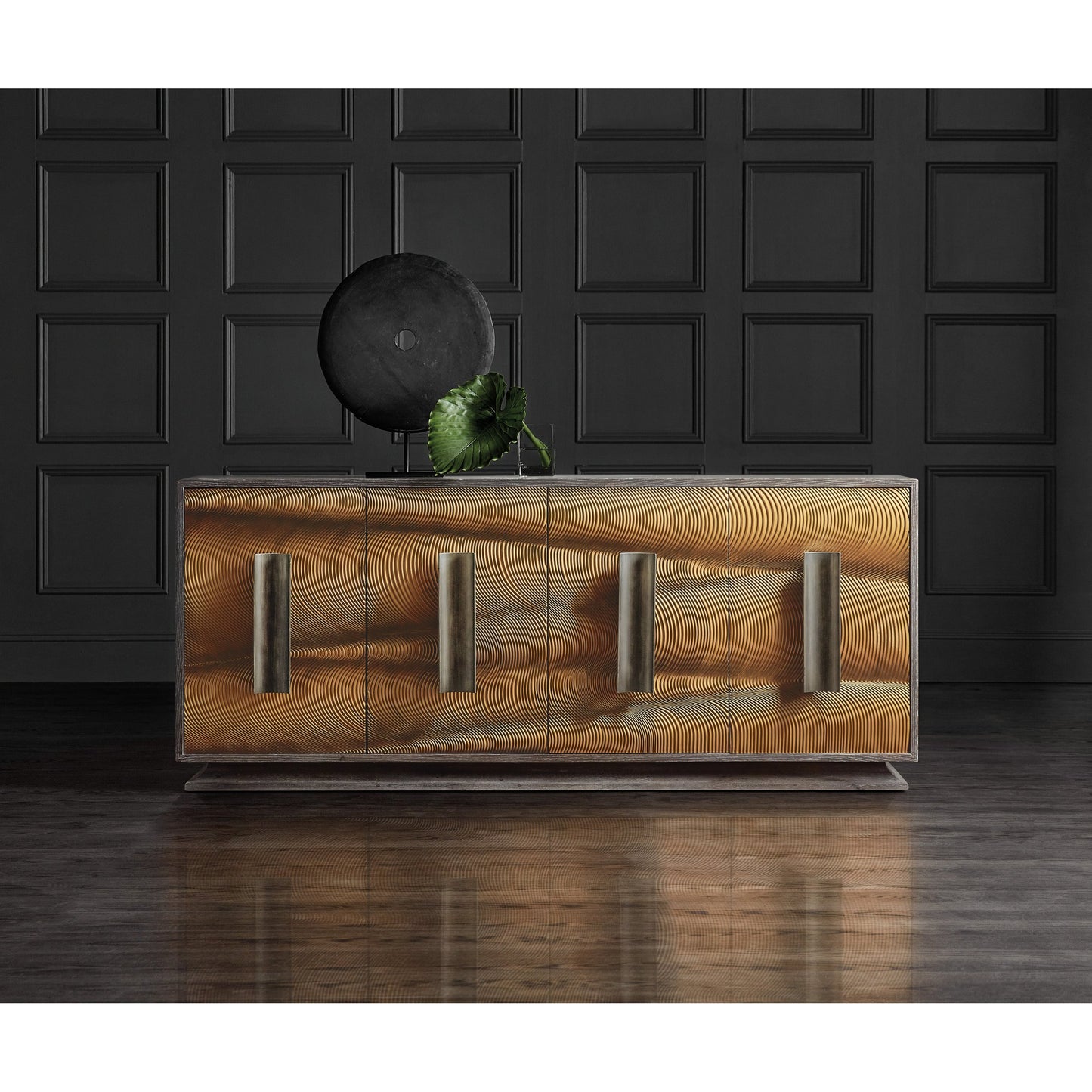 004 SI-1873164 | Lifestyle | Melange Swaley Four Door Credenza by Hooker Furniture in dark wood. Made from oak veneers, resin in a eclectic & global style.