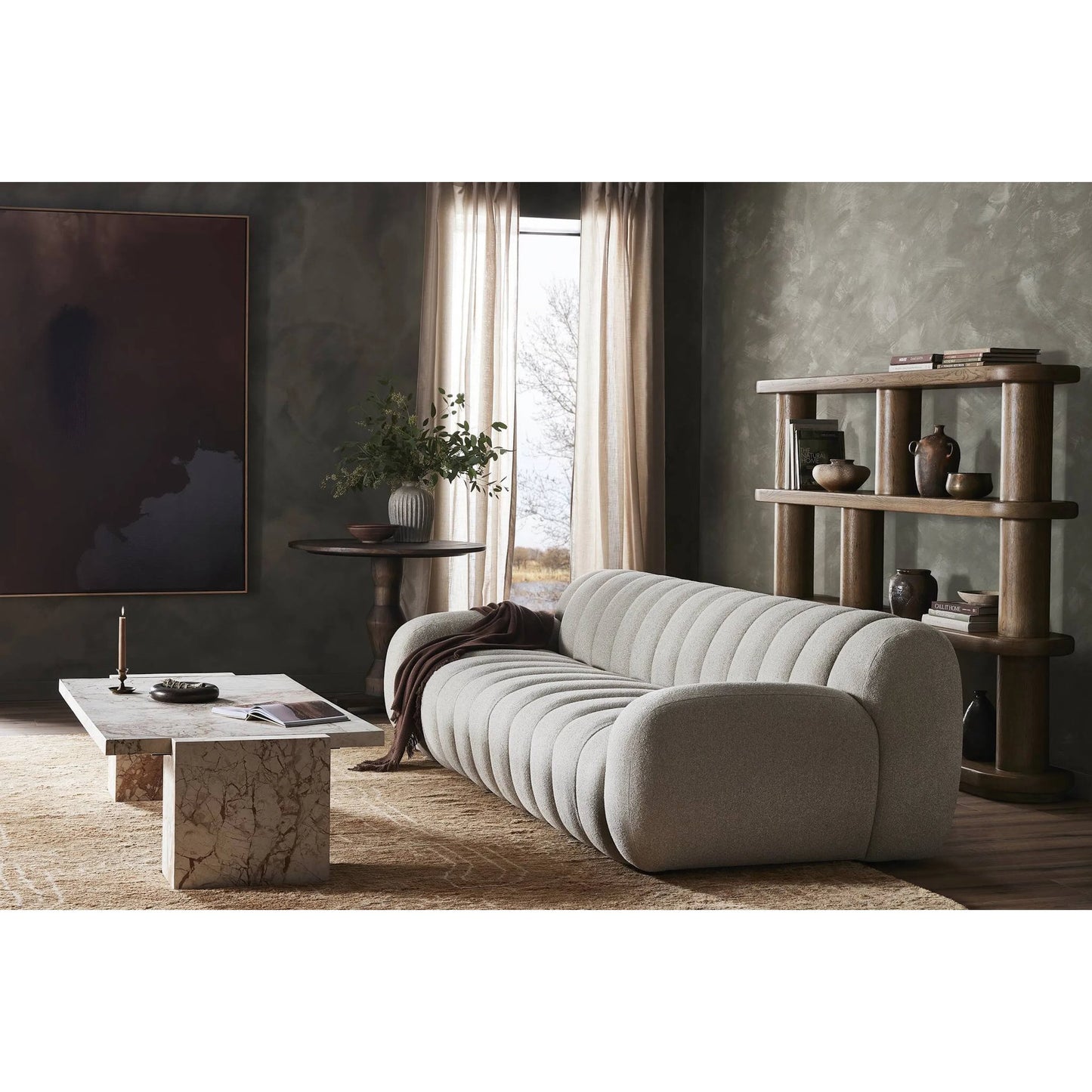 010 SI-2158426 | Lifestyle | Romano Coffee Table by Four Hands in desert taupe marble. Made from solid marble, engineered hardwood in a modern style.
