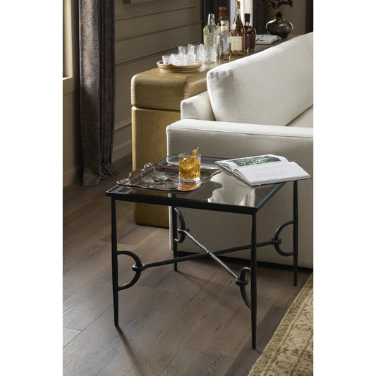 Babylon End Table by Four Hands in tempered glass, hammered gunmetal. Made from tempered glass, iron in a modern style.