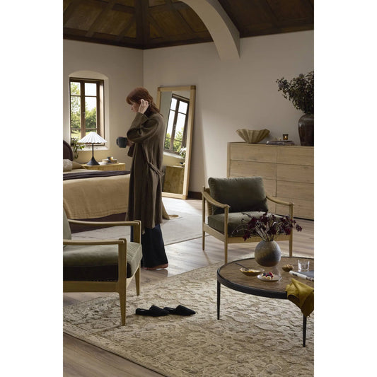 Janey Mirror by Four Hands in fawn oak, natural paper cord. Made from solid oak, rush, glass in a transitional style.