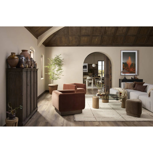 Juno Coffee Table by Four Hands in tempered glass, drifted oak veneer. Made from tempered glass, thick oak veneer in a transitional style.