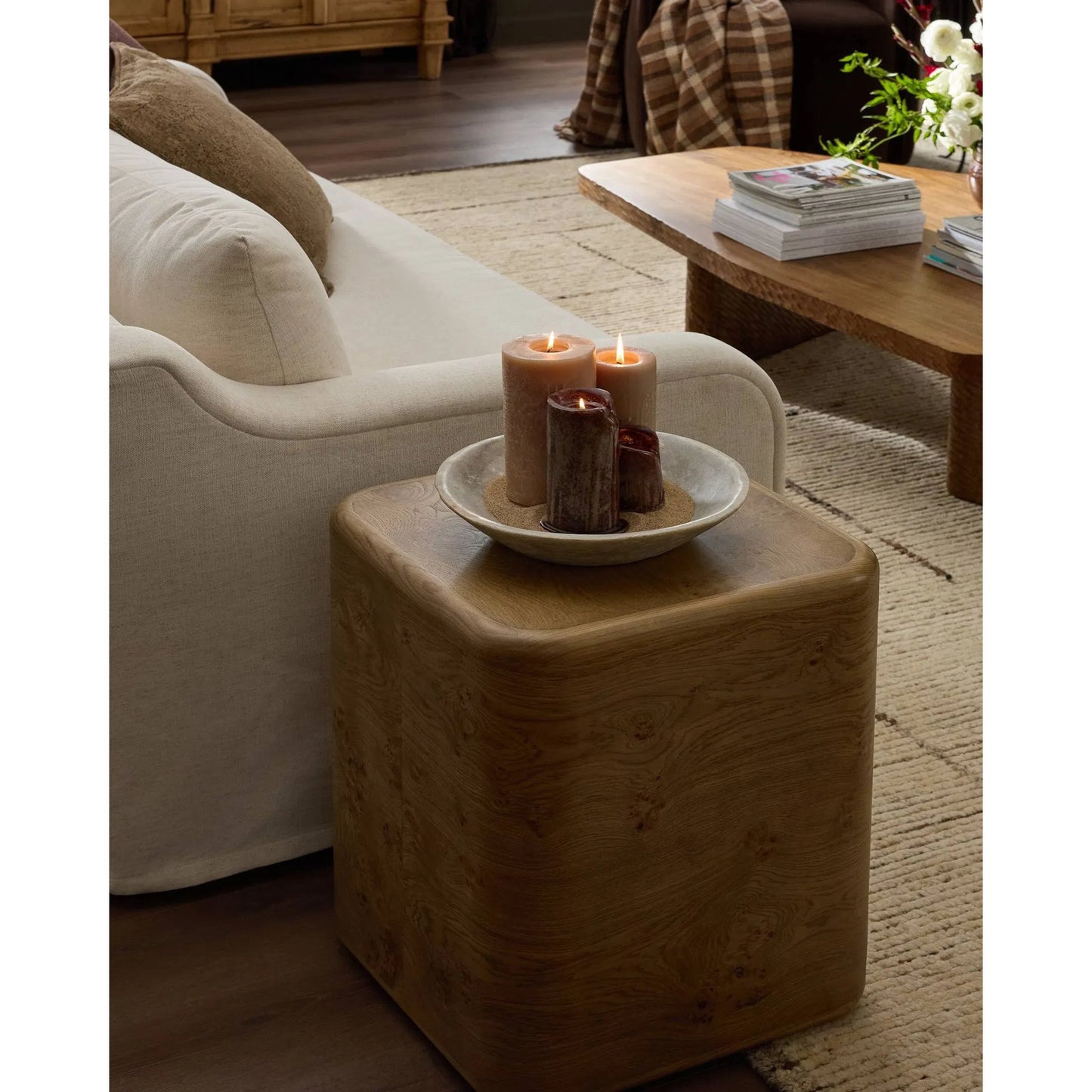 012 SI-2531709 | Lifestyle | Talessi End Table by Four Hands in wheat medium burl oak, wheat medium burl oak solid. Made from oak veneer, solid oak in a unique style.