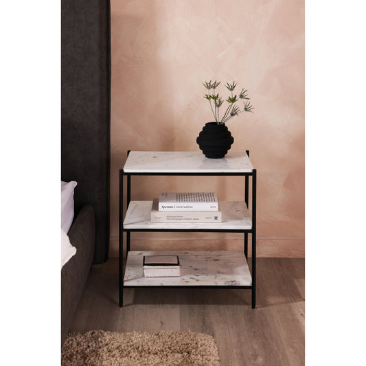 Trine Nightstand by Moe's Home Collection in white. Made from white marble, black iron frame in a modern style.