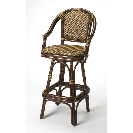Renata Rattan Bar Stool by Butler Specialty Company in multi-color and designer's edge. Made from rattan, raffia, plastic in a coastal style.