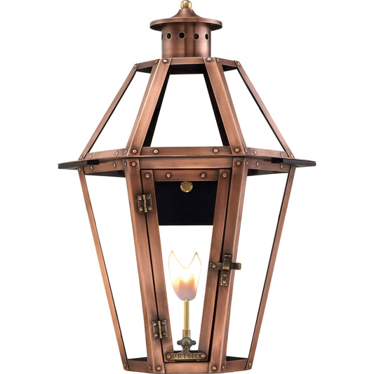 Rampart Gas Lantern by Primo Lighting in aged copper. Made from copper in a traditional style.