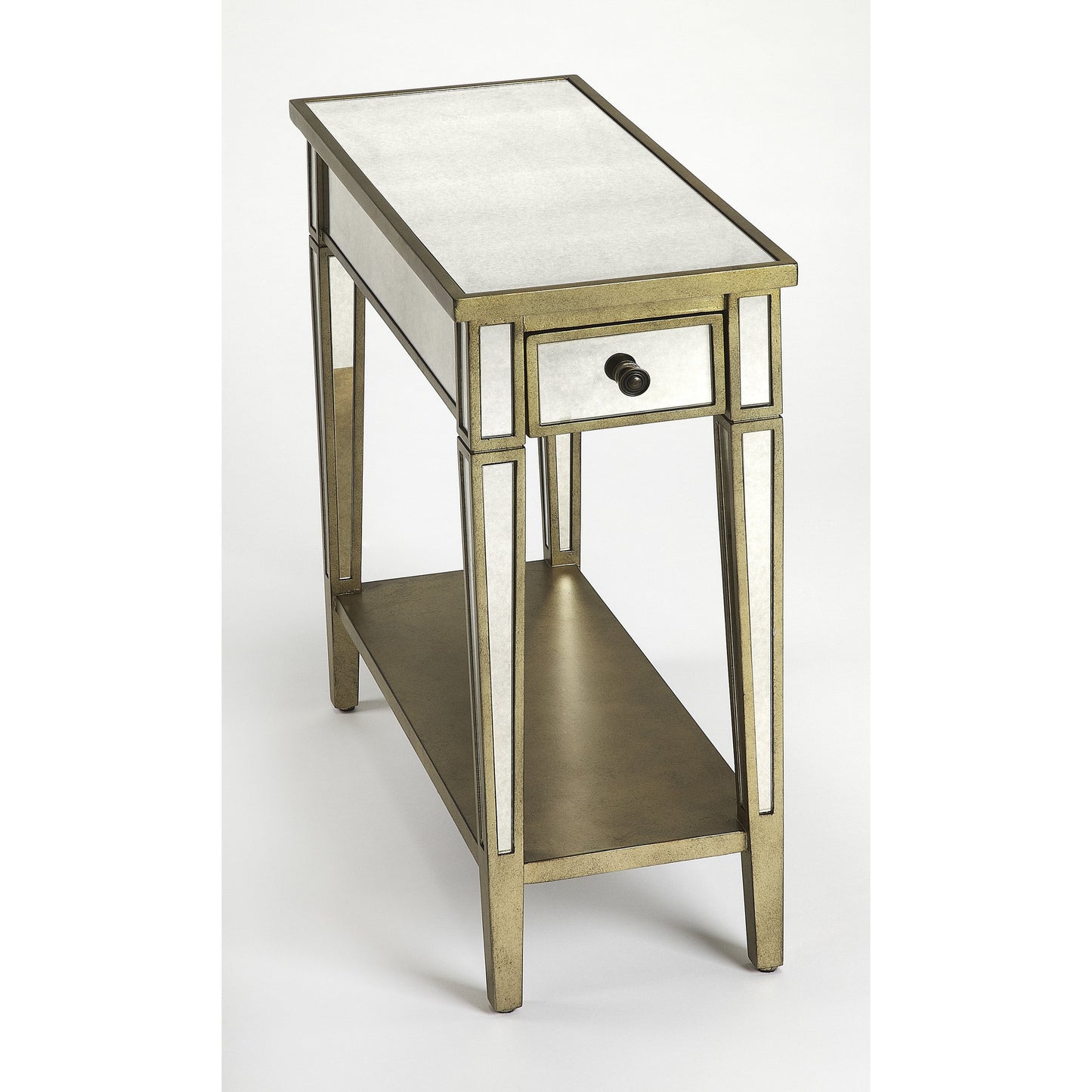 004 S-338850 | Additional Silo | Celeste Mirrored Chairside Table by Butler Specialty Company in silver and mirror. Made from poplar hardwood solids, mdf, mirrored glass in a traditional style.