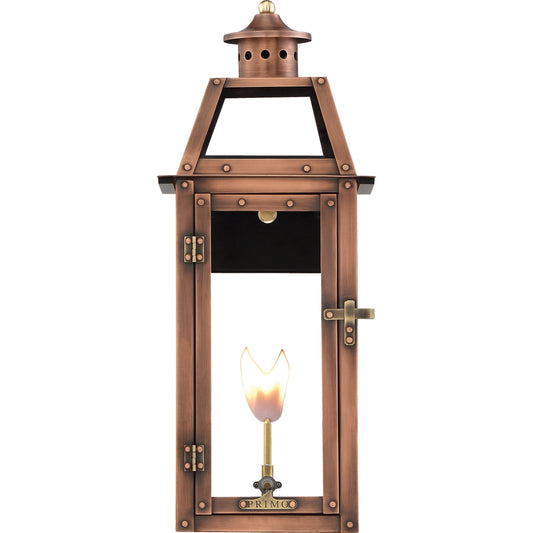 Bienville Gas Lantern by Primo Lighting in aged copper. Made from copper in a cottage & farmhouse style.