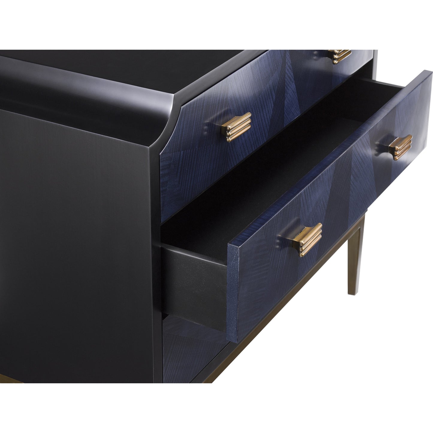 012 S-336174 | Closeup | Kallista Chest by Currey and Company in dark sapphire, caviar black, antique brass. Made from sycamore veneer, mahogany, engineered hardwood, brass, iron in a traditional style.