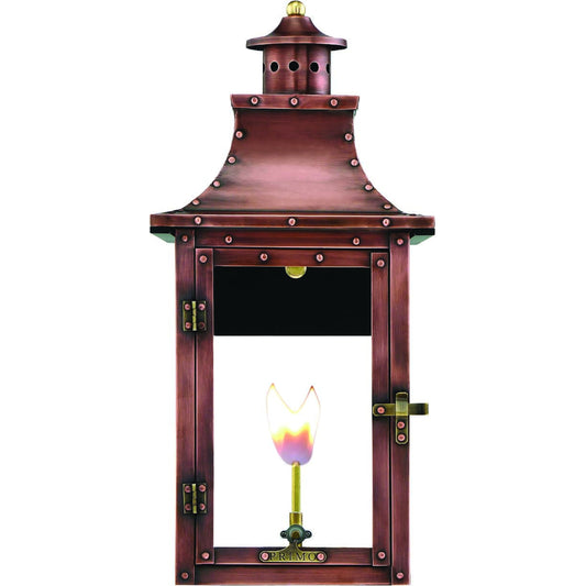 Royal Gas Lantern by Primo Lighting in aged copper. Made from copper in a modern style.